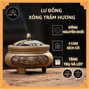 Lư đồng xông trầm - lư đốt trầm nụ nụ trầm hương  thay cho thác khói trầm hương trầm hương khói ngược đồ thờ cúng phong thủy shop Diệu Tâm - mẫu Lư 3 chân khắc sen nhiều size