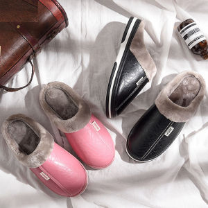 Lesvago Mens or Womens slippers Home Winter Indoor Warm Shoes Thick Bottom Plush Waterproof Leather House slippers man Cotton shoes New