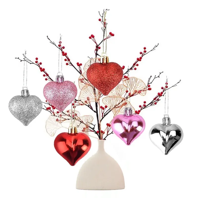 36Pcs Valentine's Day Heart Shaped Ornaments | Valentines Heart Decorations  | Red Pink Silver Glitter Heart Shaped Baubles | Romantic Christmas