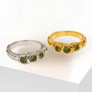 [fenggongshuode] New Vintage Style Three Green Zircon Ring Stainless Steel Simple Women Statement Finger Chic Jewelry Gift