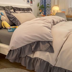 Korean Style Solid Color Bed Sheet Four-Piece Set with Lace Trim Dormitory Three-Piece Set Bedding Princess Style Ruffled Washed Cotton Duvet Cover LZD