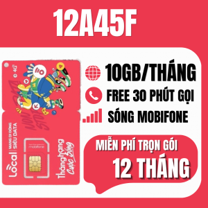Sim Mobifone 4G Local 12A45F Sẵn Trọn Gói 12 Tháng Miễn Phí Có Ngay 10GB Data Tốc Độ Cao Mỗi Tháng Kèm 30 Phút Gọi/Tháng | FREESHIP - CHƯA KÍCH HOẠT