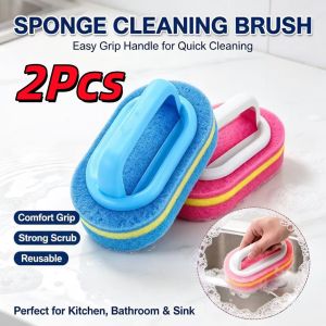 2Pcs Kitchen Cleaning Brush Multifunctional Bathroom Strong Brush Plastic Handle Sponge Bottom Cleaner