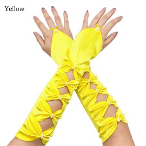 CREATIVE PAVILION Thanh lịch Thắt nơ xếp li Không ngón Dài Satin Găng Tay Cô Dâu Găng tay khuỷu tay
