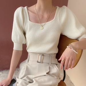 Ice Silk Puff Sleeve Knitted Top Women Summer Korean Style Retro Square Collar Short-sleeved T-shirt