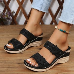 [Free Shipping] New Floral Sandals for Women Stitched Design Casual Vacation Beach Wedge Heels Comfortable Plus Size