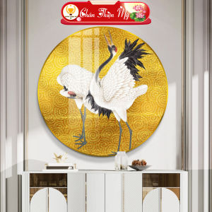 Tranh Tráng Gương Pha Lê Tròn CHÂN THIỆN MỸ Decor Treo Tường Trang Trí Phòng Chim Hạc Trường Thọ TG-T1-086