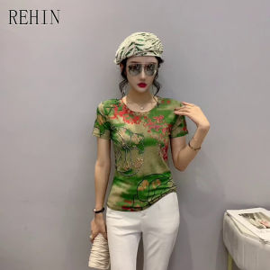 REHIN Womens top Fashion print with diamonds round neck short-sleeved T-shirt stretch elegant blouse