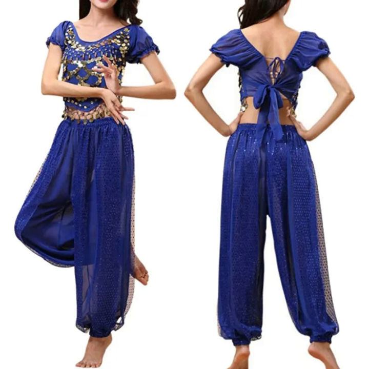 [2]Womens Belly Dance Set Costume Sequin Tops with Harem Trousers Crop ...