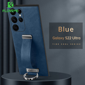 FLOVEME Ultra Thin Leather Phone Case For Samsung Galaxy S24 S23 S22 Ultra S23 S22 Plus With Retractable Wristband Hand Strap Kickstand Metal Ring Camera Lens Protection Back Cover For Samsung S24 S23 S22