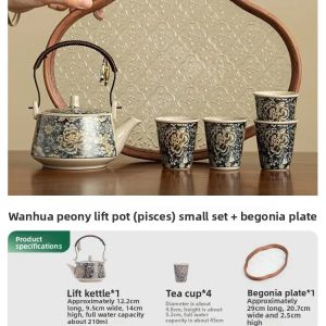 FFBH Ceramics Teapot Cup Set Lifting Beam Pot with Tasting Cups & Tea Tray Retro Kung Fu Tea Set for Home Zen Tea Ceremony J6H9P
