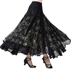 Dance Long Skirt for Women With Big Swing Shiny Flower Pattern Ballroom Half Body Performance dress corduroy Female Mesh Skirts 