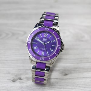 Jam tangan Wanita Q&Q F461-014 tali rantai stainless bulat analog original