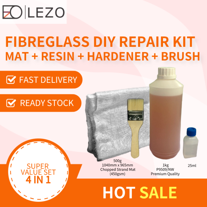 LEZO FIBREGLASS FRP DIY KIT SET, FIBERGLASS REPAIR KIT (1kg RESIN, 500g