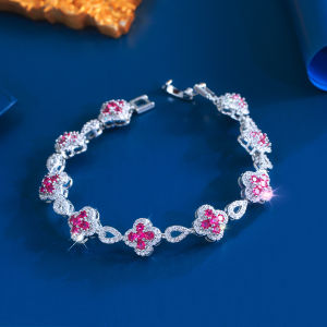 SEQUITO Temperament White Gold Plated Women Bracelet Pave Setting Red AAAAA Cubic Zirconia Flowe Shape Jewelry B403