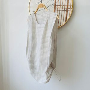 3868 Miyake Drawstring Waist Slimming T-Shirt  Pleated Summer Soft Tofu Pleat Loose  One Size (45-75kg)