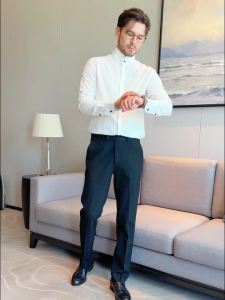 Jacquard Stand Up Collar Shirt MenS Long Sleeve High Collar Design Floral Shirt Casual Business Social Shirt