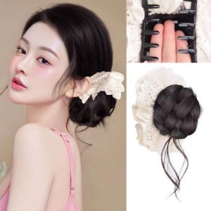 NBANLIKE Scrunchy White Lace Chignon Hair Pieces Claw Clip Synthetic Hair Bun Hair Accessories Hair Extensions Flower Bun Head Wig Women