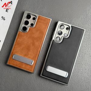 S25 Ultra Business Plating Leather Case for Samsung Galaxy S25 S24 Ultra S22 Plus S23 FE Kick-stand Fold Stand Holder PC Cover