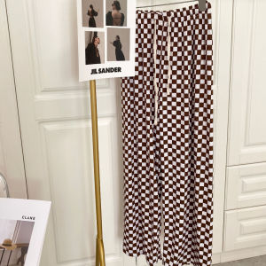 Women High Waist Wide Leg Pants Checkerboard Print Comfortable Ice Silk Casual Trouser Seluar Panjang Perempuan 女生棋盘格宽裤子
