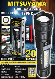Barangunik2021 - Senter Tangan Zoom Super Terang alumunium indikator baterai mitsuyama - senter tangan ZOOM MS 1238 1200mah