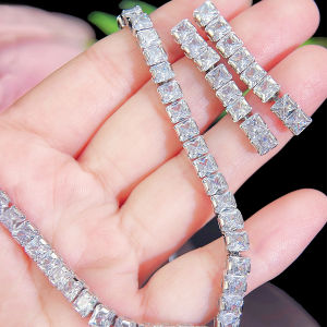 SEQUITO Trendy Golden Jewelry Set Full Pave Setting Sparkling Square Cut AAA Zirconia Precious Long Drop Earrings Pendant Necklace Women Clothing Accessories SJ387