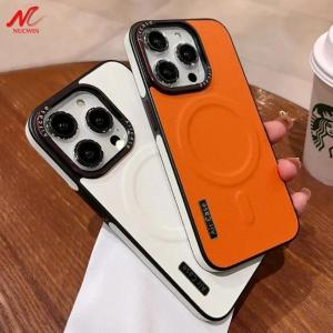 Business Double Color Leather for Magsafe Case for iPhone 12 13 14 15 Pro Max Magnetic Mat Soft Shockproof Cover for iPhone 16