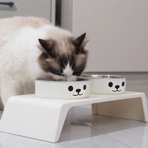 HEALMEYOU Stainless Steel Cat Bowl Non Slip Base Double Bowl Design Cat Rice Plate Neck Spine Protection 8.5cm Lifting Height Cat Food Plate Cat Feeding