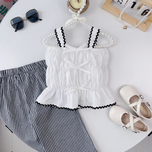 Bear Leader Korean Style Baby Girls Casual Clothing Sets 2023 New Summer Pleated Bow Strap Vest Tops + Plaid Pants 2pcs Suits for 3-7 Years Kids Fashion Clothes