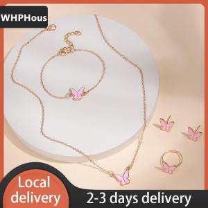 [COD] WHPHous Ship within 24 hours 5PCS Fashion Butterfly Pendants Necklace Earrings Ring Bracelet Sets For Women Jewelry Set Bridal Wedding Jewelry Gift