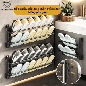 Giá Treo Giày Dép 2 Tầng Gắn Tường Không Cần Khoan Tiện Lợi Kệ Treo Khăn Nhà Tắm Phòng Khách Có Thể Gấp Lại Thông Minh