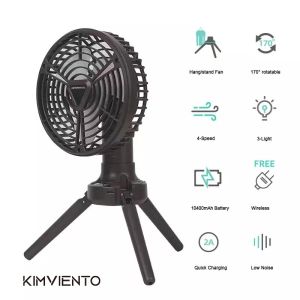 Kimviento 10400mah Portable Camping Fan with Light Auto Rotate Goyang Kepala Outdoor Rechargeable Swing Fan Lamp With Tripod Camping Fan Heavy Duty Kipas Angin