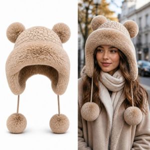 MARBLEX Plush Lined Bear Ear Knit Hat Windproof Thermal Insulation Earflap Hat Korean Style 4 Pom Poms Winter Knit Cap For Women