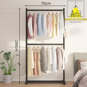 𝗦𝗜𝗠𝗣𝗟𝗘 Black Steel Single / Double Levels Clothes Hanging Rack Cloth Hanger Cloth Rack / Simple Besi Hitam Rak Baju (High Capacity (25kg)