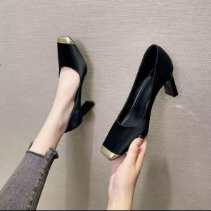 Free Shipping 2026 Spring/Autumn Retro Square-Toe High-Heeled Pumps Stylish Color-Block Design Shallow Toe Chunky Heel Versatile And Fashionable For Work