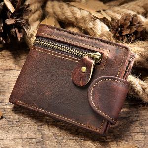 Retro Old Style Genuine Leather Wallet Mens Wallets Short Credit Card Holder Coin Purse with Zipper Pocket