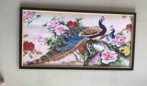 Hiasan Dinding Cetak Gambar Lukisan Sepasang Burung Merak dan Lukisan Bunga Plus Bingkai Uk:50cm x 100cm