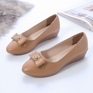 Womens 3cm Round Toe Low-Top Wedge-Heel Flat Rubber PU Shoes