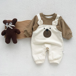 ins  Korean Version Baby Infant Autumn Winter Style   Little Bear Fake Two-Piece Long Sleeve Jumpsuit Newborn Clothes Cute Romper