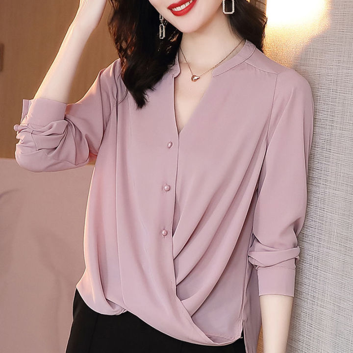HerStore Women Blouse Elegant Solid Loose Long Sleeve V Neck Chiffon Tee  Shirt Long Sleeve Blouse Office Ladies T Shirt Lazada PH