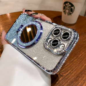 CrashStar Magsafe Stand Makeup Mirror Glitter Diamond Edge Gorgeous Fashion Hard Shockproof Phone Case For iPhone 16 15 14 Pro Max Plus 13 12 11 Pro Max Wireless Charging Phone Casing Gradient Bling Luxury Phone Cover With Glitter Lens Films Protection