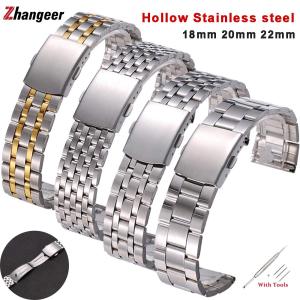 zhangeer Stainless Steel Watch Band 18mm 22mm 20mm Double Button Folding Buckle Straps Flat Interface Men Women Universal Waterproof Silver Bracelet Replacement With Tools dropshipping