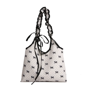 Large Capacity Canvas Toted Bag Reusable Grocery Cloth Bag Bows Shoulder Bag with Inner Pockets for Travel Shopping