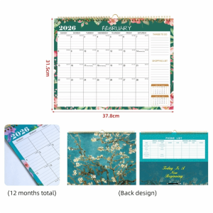 MISSUP Large Date Blocks 2026 Wall Calendar English Version Floral Design Monthly Planner 12 Months Vertical Display Daily Weekly Monthly Planner Office Use
