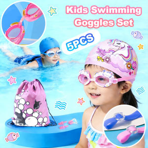 Kids Swim Goggles Set Cartoon Anti Fog Leakproof Adjustable Strap Silicone Seal With Swim Cap 5pcs Pool Training