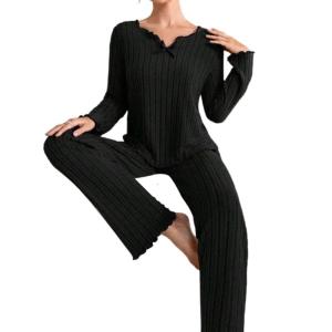 Womens đan có gân Bộ Đồ Ngủ V cổ tay áo dài Bộ Đồ Ngủ trang phục phù hợp áo và quần loungewear đồ ngủ giản dị