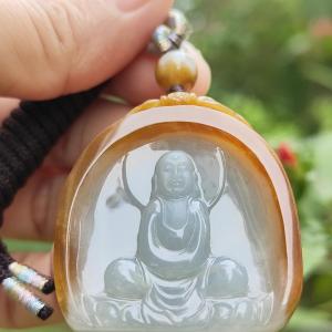 Rare old yellow Natural type A jadeite pendant with certificate carved as buddha seating on lotus weight 26.99 grams 38.20 * 34.20 * 8.80 mm suitable for daily wear (pendant122)