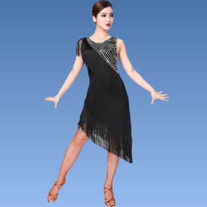 ชุดเต้นรําละตินสําหรับผู้หญิงชุดฝึกซ้อมชุดปักเลื่อมแขนกุด