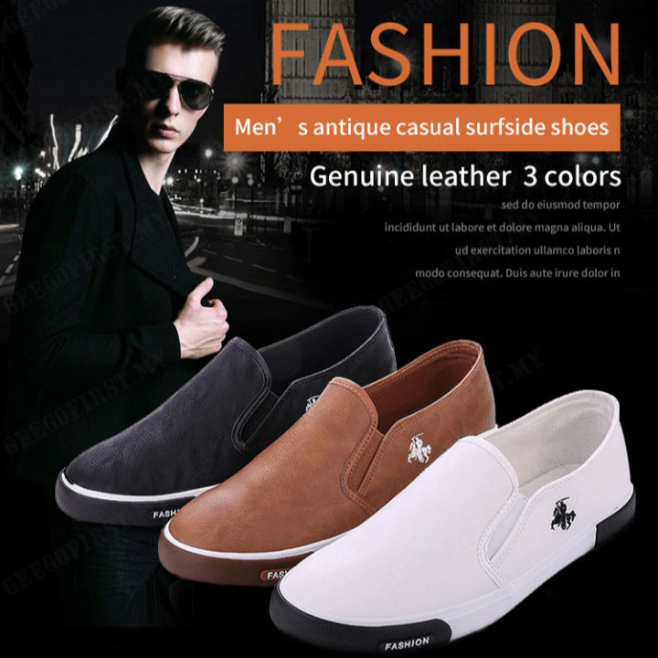 Men's slip on white shoes Work shoes vulcanized rubber shoes leather ...