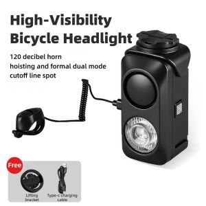 KNSYYC Lightweight Bike Headlight 2-in-1 Light & 120dB Horn Waterproof ABS Fast Charging 3 Light Modes for MTB Road Bike Night Riding